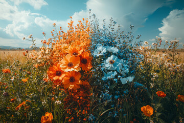 Poster - a vibrant garden blooming with flowers on one side, while the other half is barren and dry, symboliz
