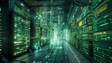 Leinwandbilder - A vibrant corridor filled with glowing green lights highlights a high-tech environment characterized by intricate data pathways and futuristic design elements.