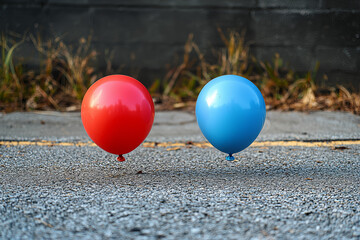 Wall Mural - A vibrant balloon floating beside a deflated one on the ground illustrates the difference between hope and despair. Concept of emotions in contrast.