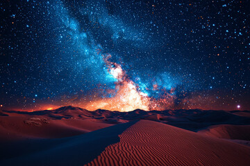 Poster - a starry night sky over a quiet desert landscape inspires awe at the vastness and mystery of the uni