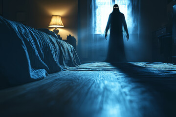 Poster - a shadowy figure standing at the foot of a bed while someone sleeps, the figure slowly moving closer