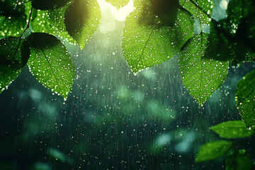 Poster - a rain-soaked forest, with droplets of water glistening on leaves, captures the refreshing beauty of