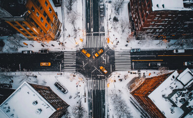 Yellow Taxi Cars are driving on a snow covered road in a city during winter