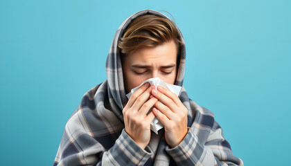 Young sad ill sick man wrapped in gray plaid sneezing use paper napkin for runny nose isolated on plain blue background studio. Healthy lifestyle disease virus treatment cold season recovery concept