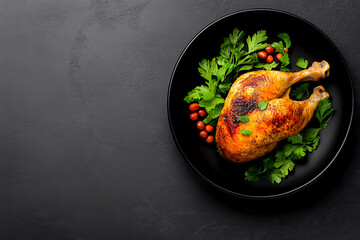 A beautifully roasted chicken plated with fresh herbs and cherry tomatoes, set against a stylish black background, perfect for culinary and food photography.