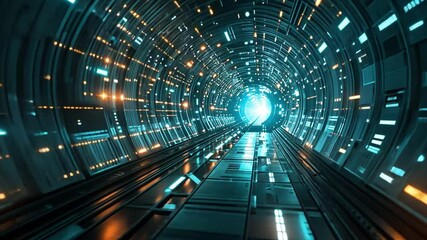 Aufkleber - A luminous tunnel showcases intricate patterns and brilliant lights. The vibrant blue and orange hues create a sense of motion towards the bright exit at the far end, evoking a sci-fi atmosphere.