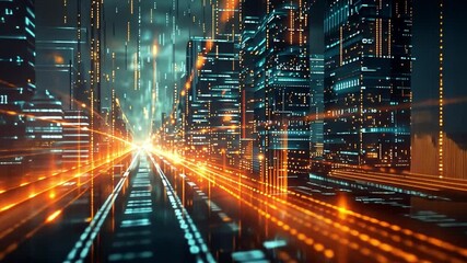 Poster - A view of a vibrant city illuminated with bright lines and digital patterns, reflecting a blend of technology and modern architecture under a night sky.