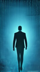 Aufkleber - Businessman is walking into an abstract digital space filled with glowing binary code, representing the intersection of business and technology