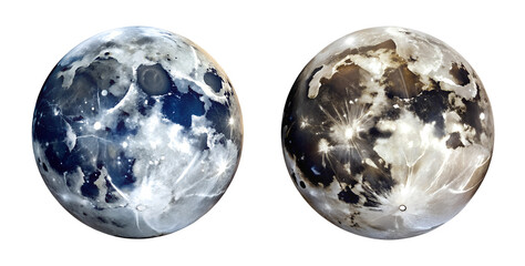 Wall Mural - two artistic depictions of the moon, showcasing contrasting color palettes. one side features cool, 