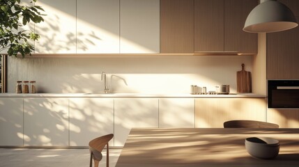 Wall Mural - A kitchen with a white counter and a wooden table