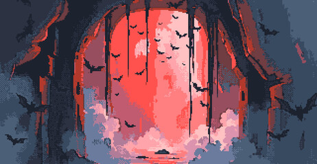 red cave cave opening with bats flying out, pixel art style concept art for foggy fantasy scene