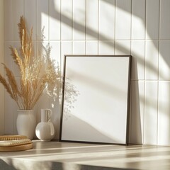 Wall Mural - A white framed picture sits on a counter next to a vase and a brush