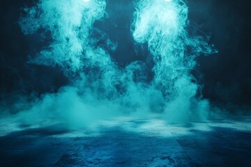 A blue smoke filled room with two lights shining on it