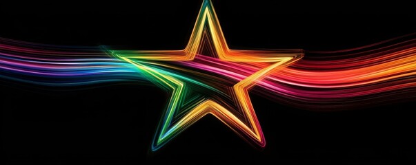 Poster - Neon star with vibrant light trails on black background