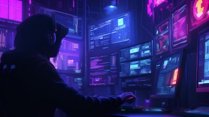 Aufkleber - Coder deeply focused on coding in a dimly lit room with multiple monitors and lines of code