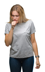 Wall Mural - Young caucasian woman over isolated background feeling unwell and coughing as symptom for cold or bronchitis. Healthcare concept.