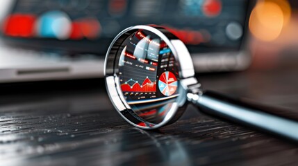 Financial Fraud Detection Concept - Magnifying Glass Analyzing Red Flags in Digital Dashboard Metrics