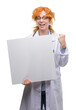 © Krakenimages.com - Young redhead doctor woman holding banner screaming proud and celebrating victory and success very excited, cheering emotion