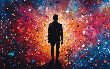 A striking silhouette of a man amidst dynamic paint splatters, reflecting the turmoil and beauty of mental health in an expressive and colorful way