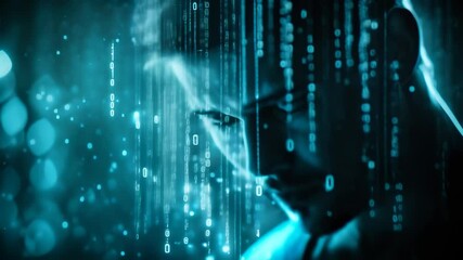 Poster - Software developer is surrounded by falling binary code, representing the immersive nature of programming and the flow of digital information