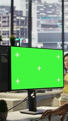 Poster - vertical video man with disability in inclusive workplace working with machine learning tech on gree