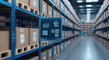 Poster - A modern warehouse interior featuring organized shelves of boxes and a digital display showing layout and inventory information.