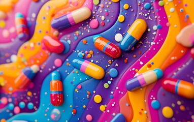 Poster - Cartoonstyle colorful pills spilling chaotically across a bold, contrasting background, creating a vibrant, energetic design
