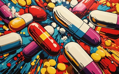 Poster - Cartoonstyle colorful pills spilling chaotically across a bold, contrasting background, creating a vibrant, energetic design