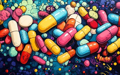 Poster - Cartoonstyle colorful pills spilling chaotically across a bold, contrasting background, creating a vibrant, energetic design