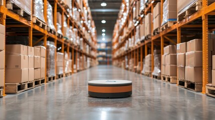 An automated cleaning robot navigates a warehouse filled with stacked boxes, showcasing modern logistics and technology in action.