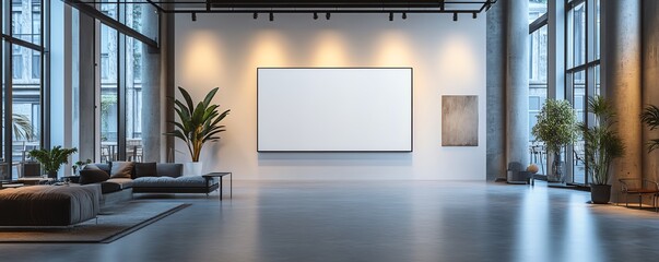 Leinwandbilder - Blank white canvas mockup on a modern gallery wall in a 3D rendering, with warm spotlight lighting and crisp, clean architectural lines