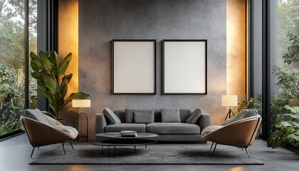 Contemporary gallery space with three blank frames on a smooth wall, 3D rendering with warm lighting from modern lamps creating a serene ambiance