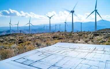 Poster - Closeup of a blueprint showing wind turbine specifications, set against a landscape dotted with wind turbines turning gently in the wind