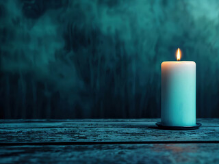 Aufkleber - Burning candle illuminating empty wooden table in dark interior