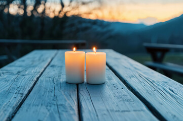 Aufkleber - Two lit candles burning on a wooden table at sunset