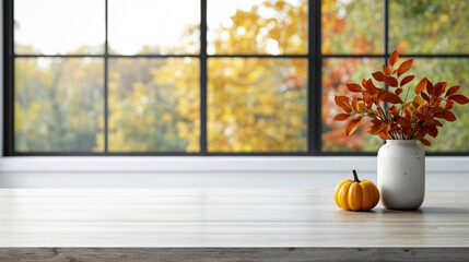Poster - Empty table with fall decorations by window overlooking autumnal scene