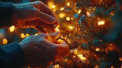 Wall Mural - Hands decorating a Christmas tree with bright lights in a cozy atmosphere.