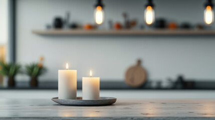 Two burning candles resting on a plate in a modern empty kitchen