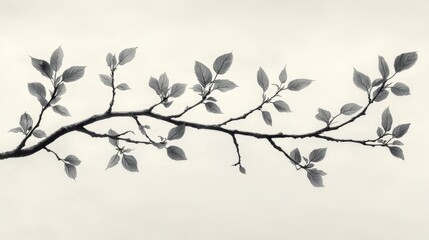 minimalist black and white branch with leaves, botanical art. nature and tranquility concept