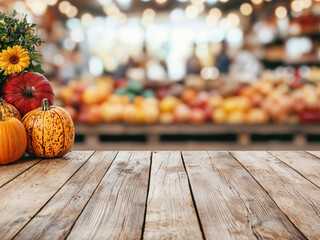 Aufkleber - Empty wooden tabletop with blurred pumpkins market background