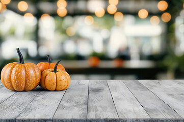 Poster - Three pumpkins are sitting on a rustic wooden tabletop with a blurred restaurant background