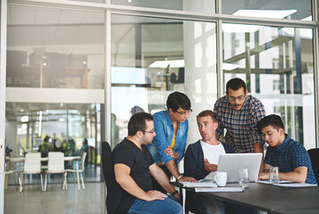 Poster - Meeting, laptop and talking in office, people and collaboration for layout design, planning and online. Digital, group and brainstorming for branding of business, creative and graphic designer