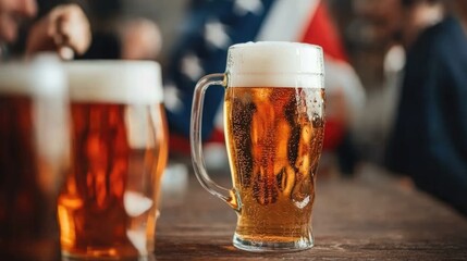 A close-up of a frothy beer mug on a wooden table, with blurred beer glasses and a patriotic background, creating a festive atmosphere.