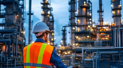 A petrochemical engineer in reflective gear performing maintenance checks on heavy machinery amidst towering equipment.