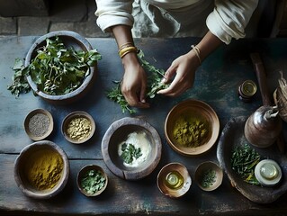 Traditional Ayurvedic Medicine in Rustic Kitchen Setting