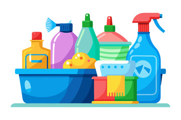 Assortment of various bright detergents for cleaning in blue basin isolated on white background