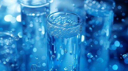 Poster - A blue background with the chemical element and an up close shot of beakers, test tubes, skyscnorth elements and thealkSterm peak table on it.