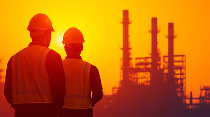 two engineers in safety helmets observing an industrial site at sunset, showcasing the beauty of ind