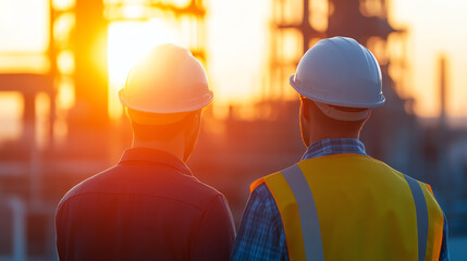 Two workers in hard hats observe an industrial sunset, symbolizing safety and teamwork in the construction sector against a glowing backdrop.