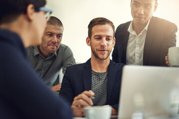 Aufkleber - Business people, laptop and manager in office for collaboration, planning and development strategy. Research, technology and partnership for corporate training, briefing report and project review